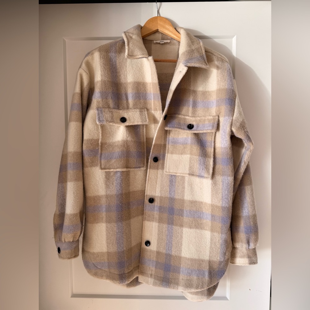 Women's Beige and Lavender Plaid Shirt Jacket